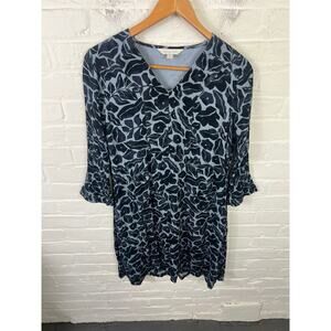 Garnet Hill Women's Floral V-Neck Tunic Dress Long Sleeves Blue Black Size XS